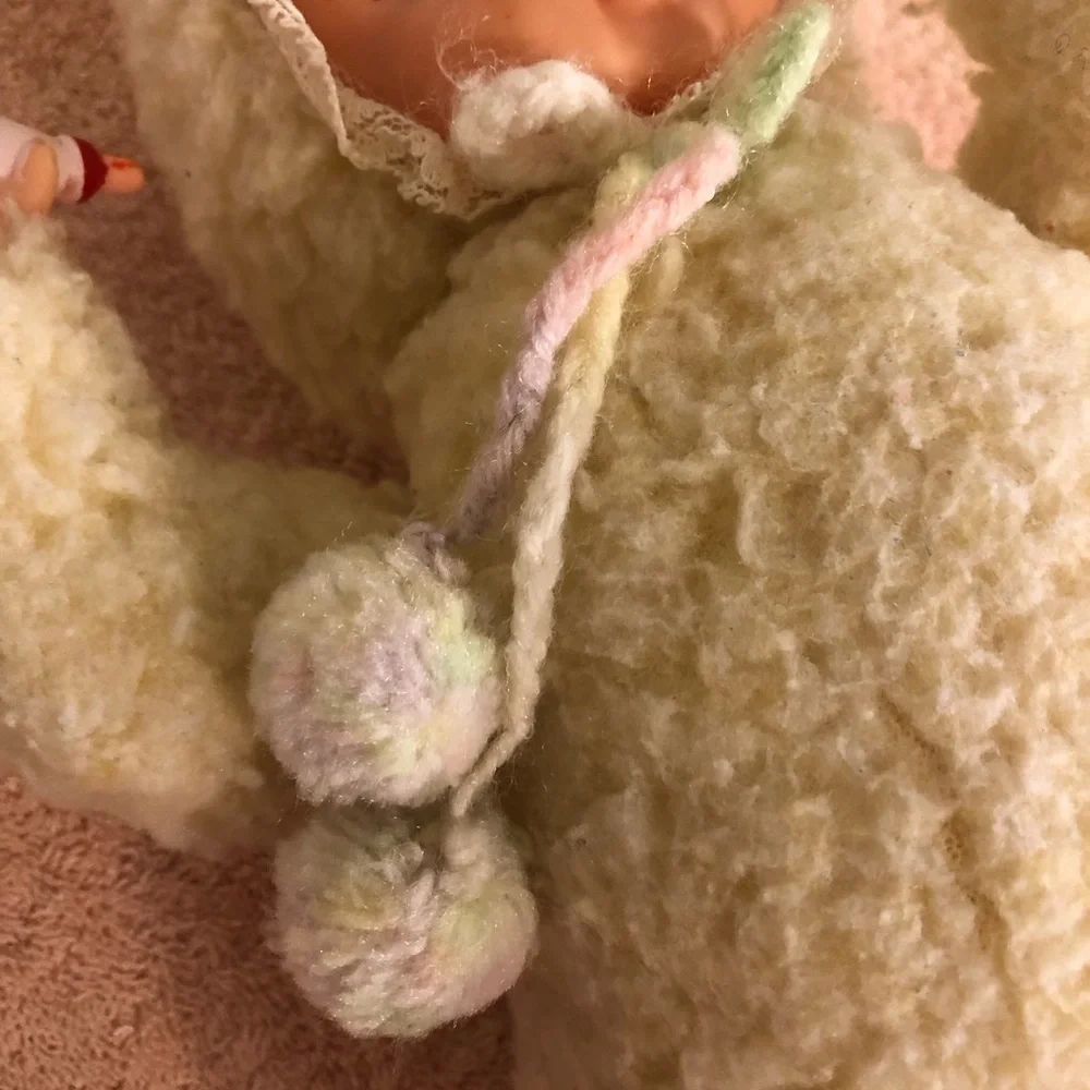 Vintage 13” Baby Doll With Bottle in Fleece Bunting